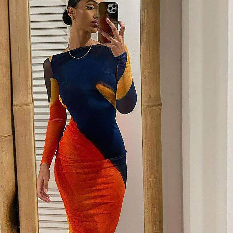 Abstract Boat Neck Long Sleeve Fishtail Backless Maxi Dress - Multicolor - Image 3
