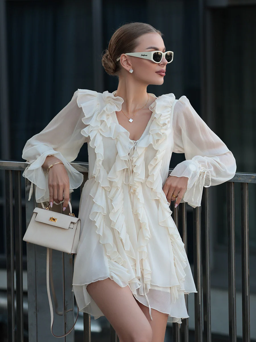 Balloon Sleeve Tie Ruffle Dress