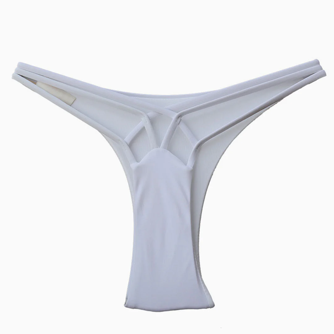 Brazilian Solid Color Cut Out Crisscross Strappy Bikini Thong Bottom - White - Image 2