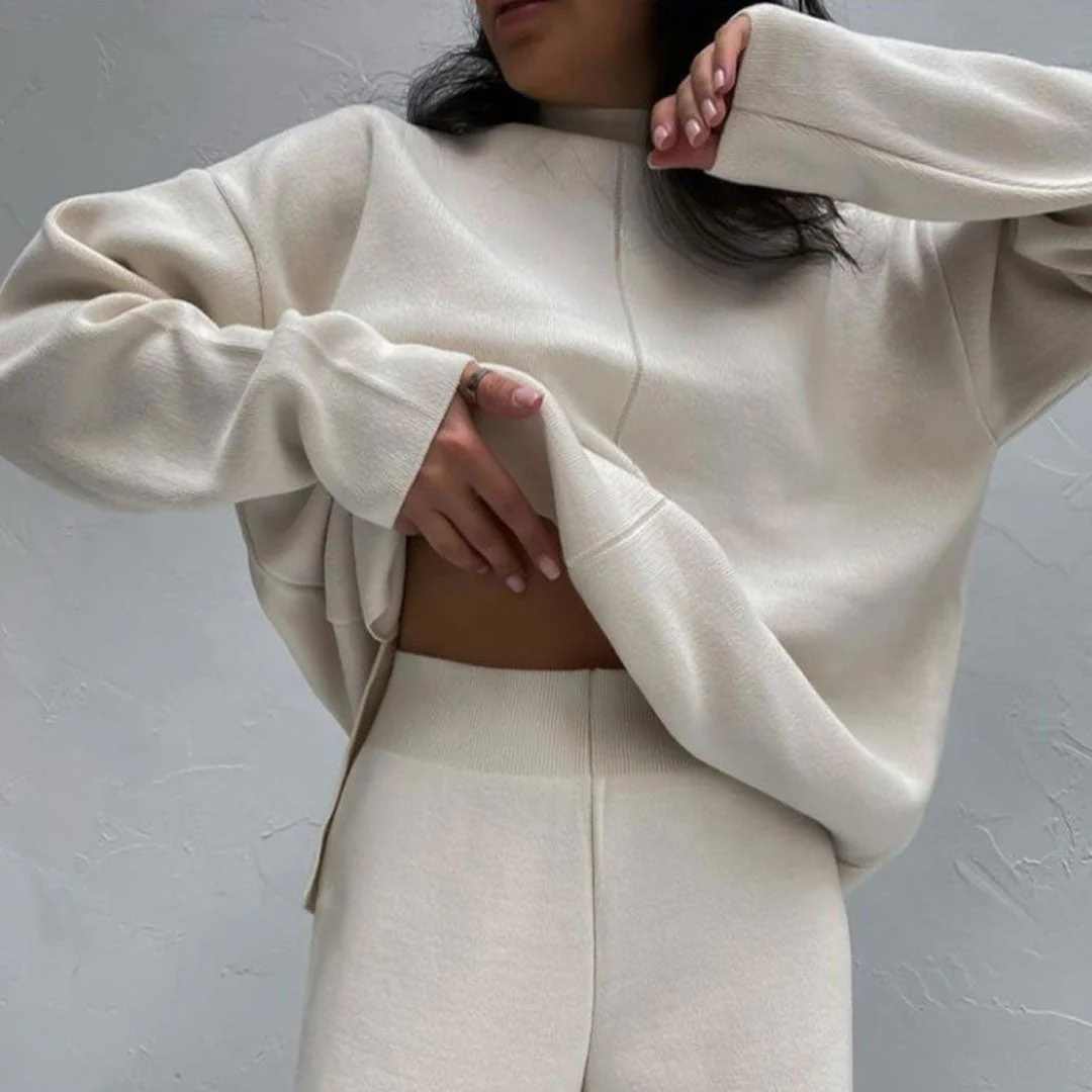 Chic High Neck Rib Knit Pullover Sweater Wide Leg Pants Matching Set - Beige - Image 2