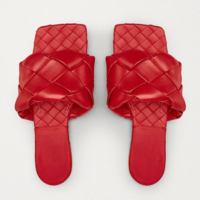 Chic Square Toe Braided Leather Slides - Red - Image 2