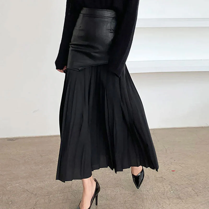 Deconstructed High Rise Vegan Leather Layered Midi Pleated Skirt - Black