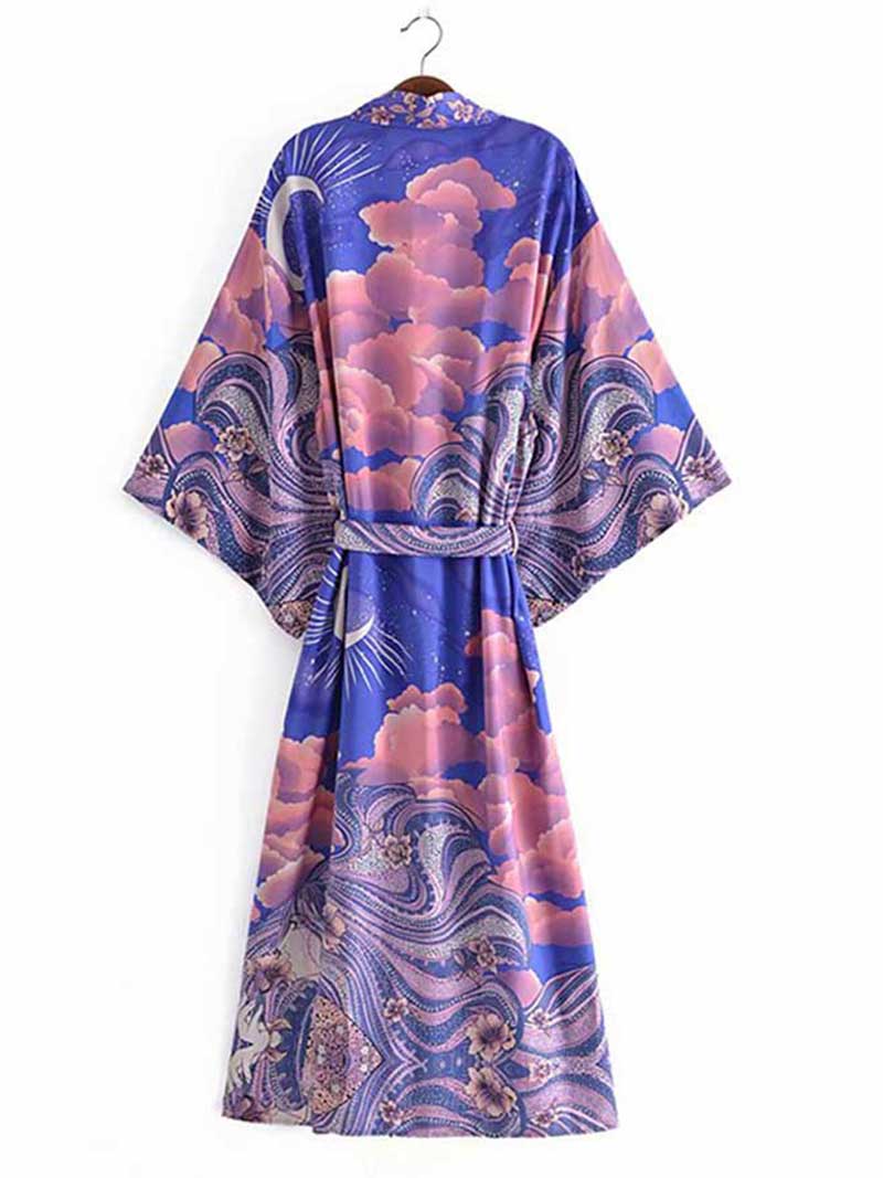 Summer Partywear Floral With Moon Print Purple Color Silk Long Length Gown Kimono Duster Robe - Image 2