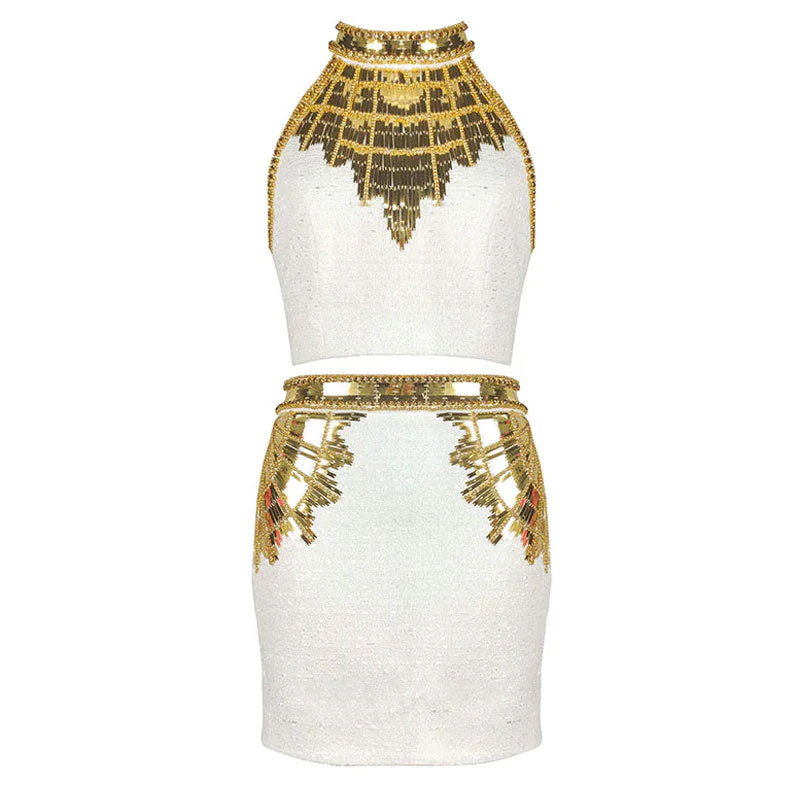 Exquisite Golden Tone Sequin Beaded Halter Neck Cropped Tweed Top - Image 5