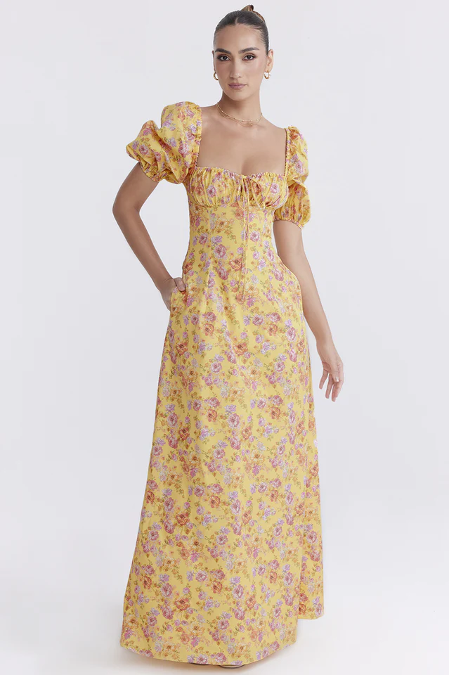 Felizia Yellow Floral Puff Sleeve Maxi Dress - Image 2