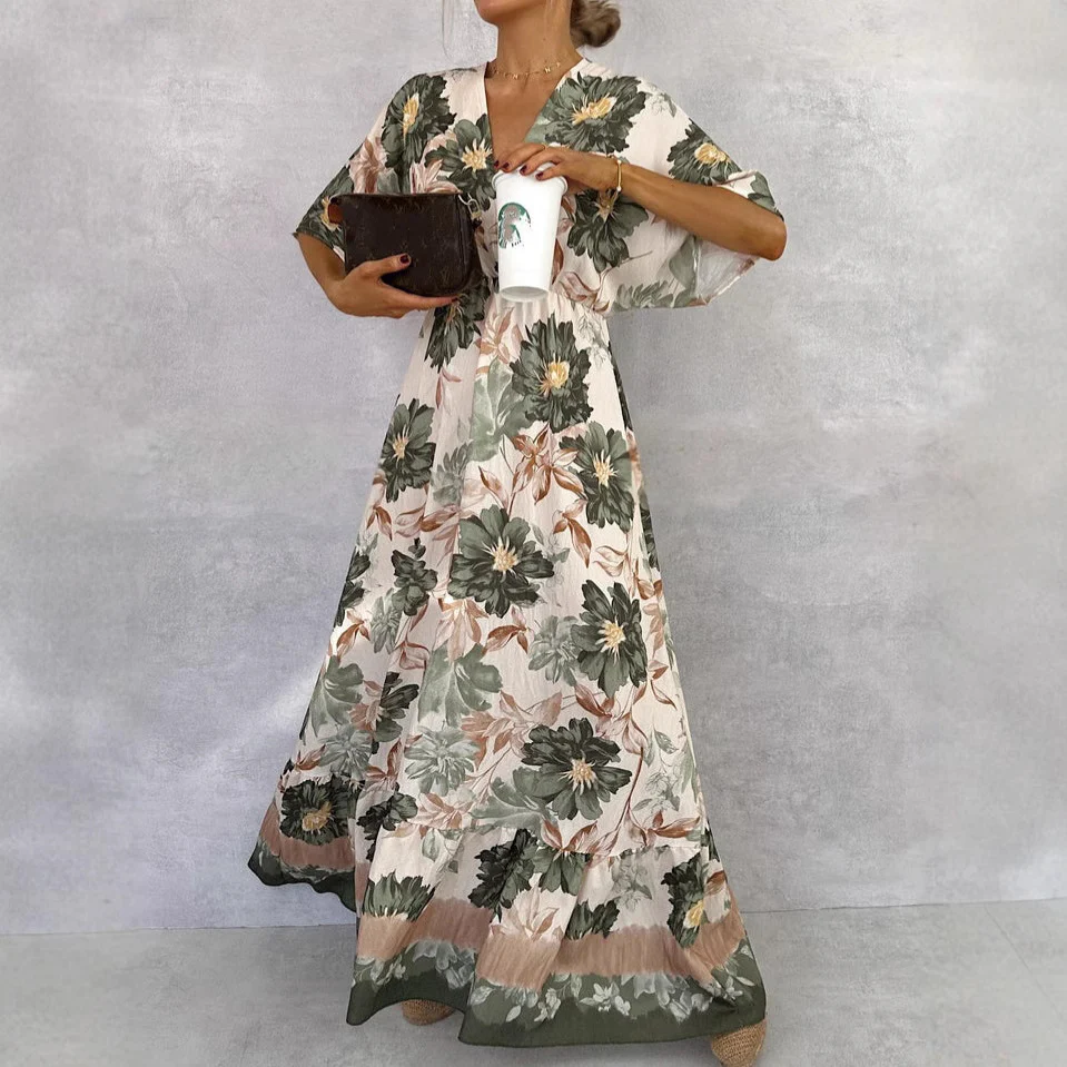 Floral  Short Sleeve Waist Loose Full Hem Maxi Dress