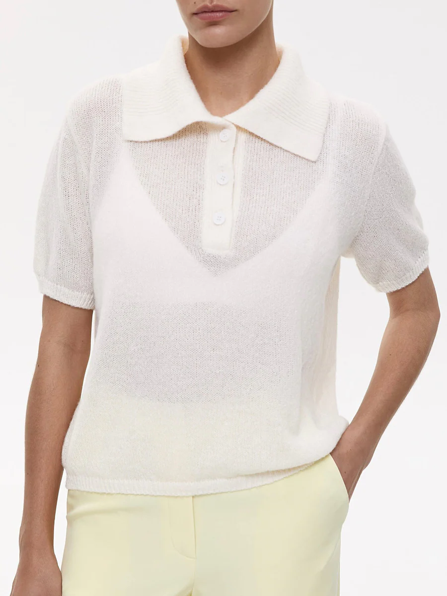Hollow Draped Snug Knit Polo Shirt