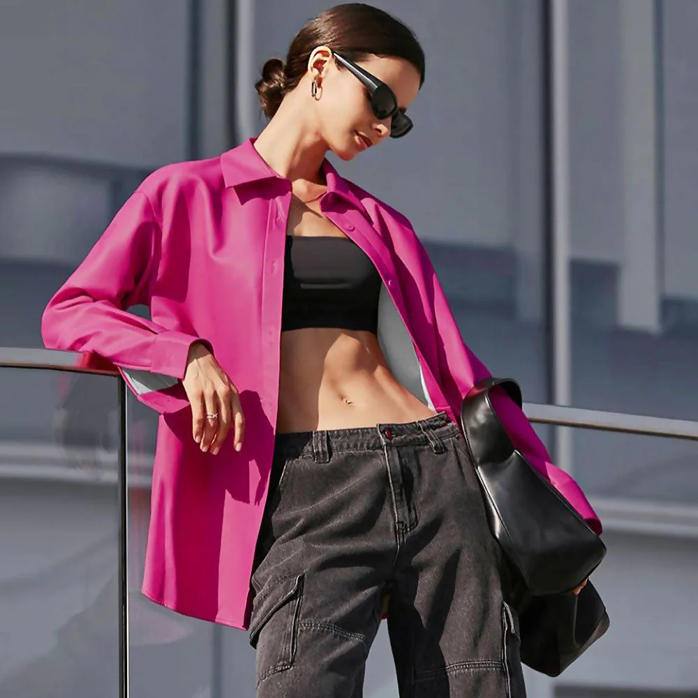 Minimalist Faux Leather Button Up Long Sleeve Pointed Collar Shirt - Hot Pink