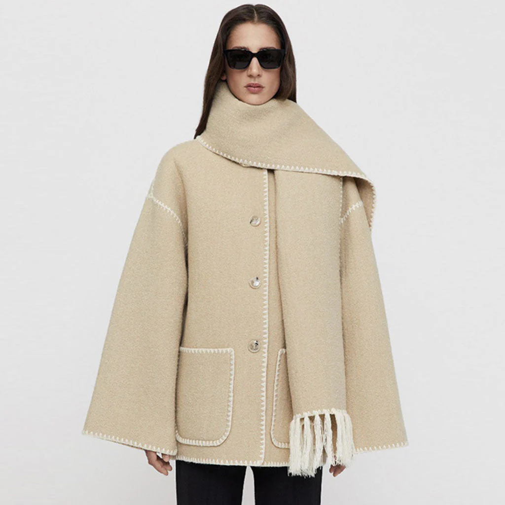 Nordic Style Crochet Edge Single Breasted Pocket Wool Blend Fringe Trim Scarf Coat
