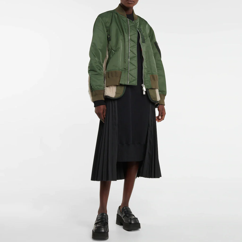 Oversized Layered Faux Wool Panel Drawstring Zip Up Bomber Jacket - Army Green