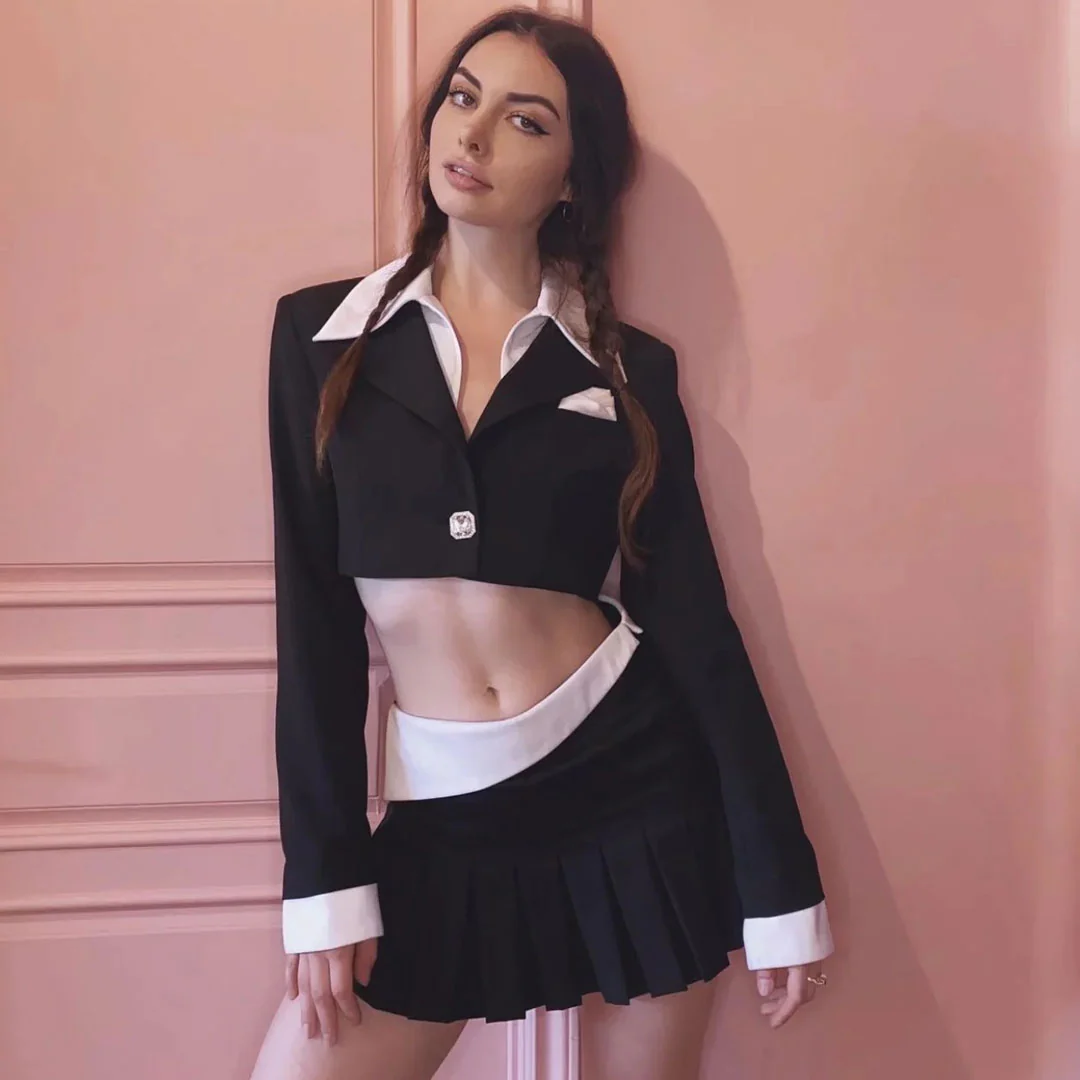 Preppy Contrast Collared Crop Blazer Pleated Mini Skirt Matching Set - Black - Image 3