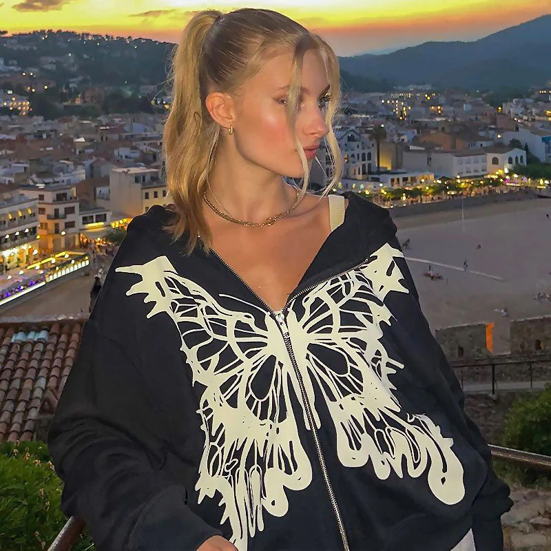 Punk Style Butterfly Print Drop Shoulder Long Sleeve Oversized Hoodie - Black