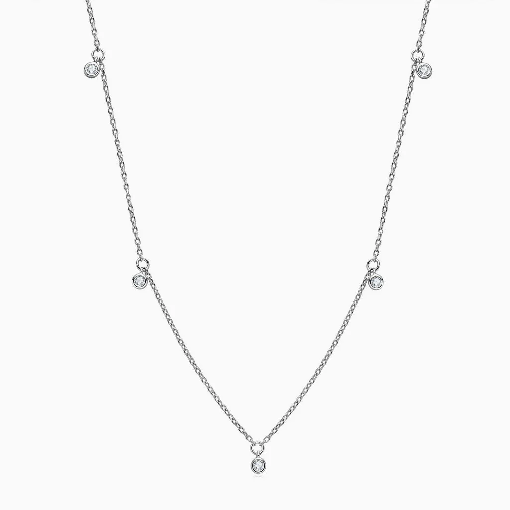 Rolo Chain Rhodium Plated Sterling Silver Dangle Moissanite Droplet Station NeckLace