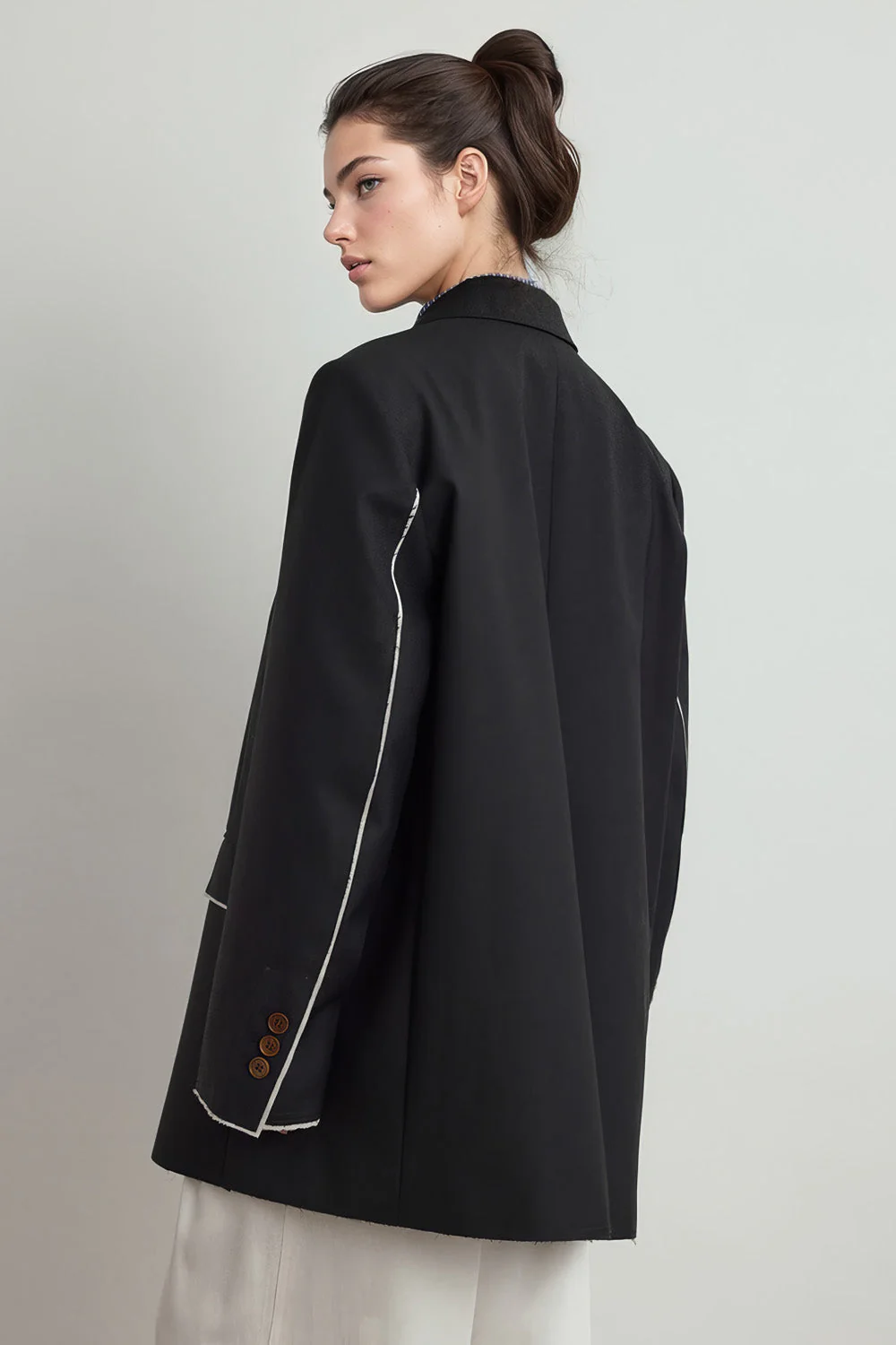 Single Breasted Blazer with Unfinished Hem - Dark Blue