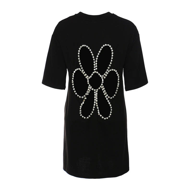 Stylish Crystal Embellished Floral CutOut Short Sleeve Relaxed T Shirt