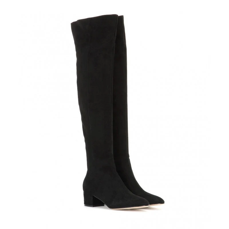Stylish Round Toe Low Block Heeled Suede Over Knee Boots - Black - Image 3