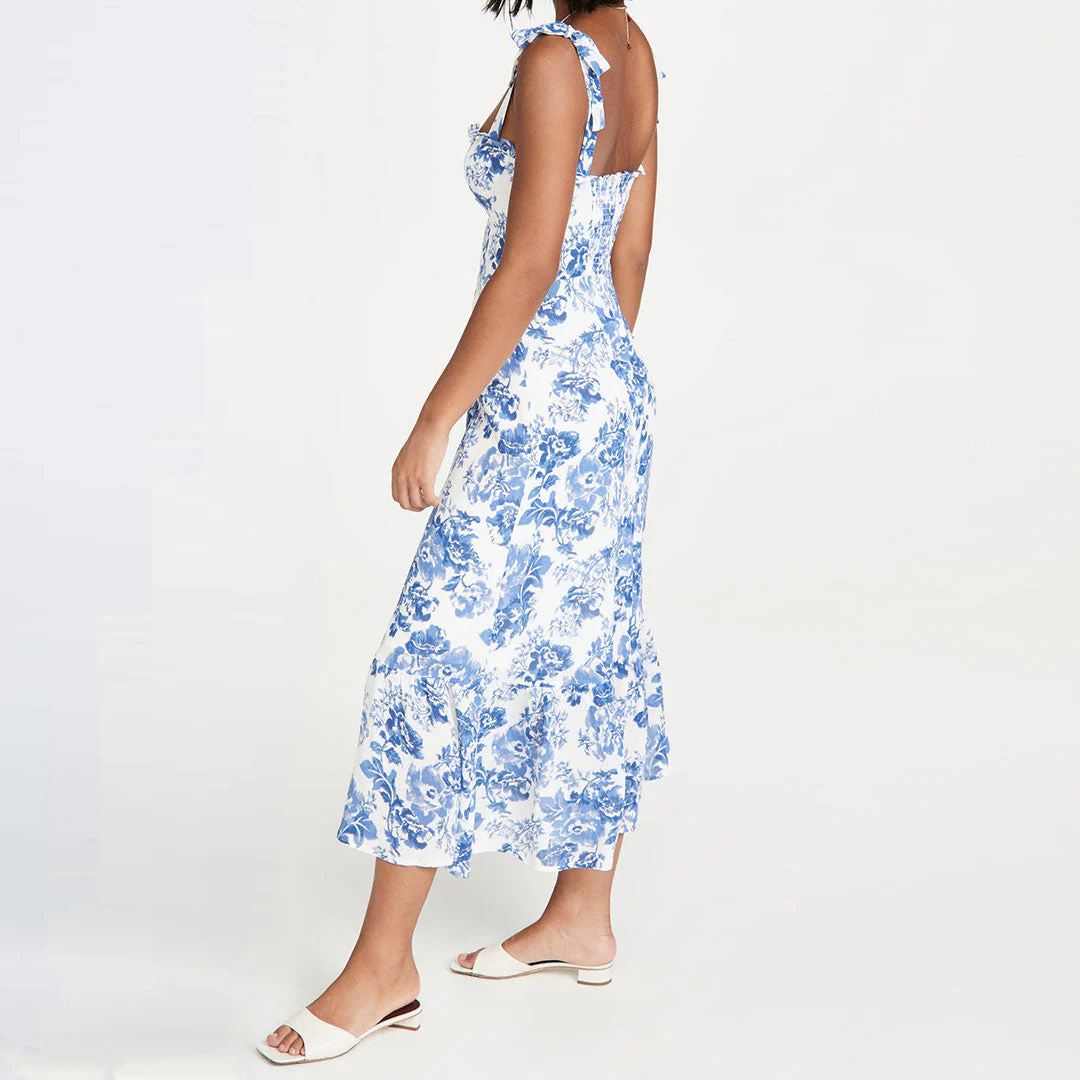 Summery Ruffle Trim Floral Printed Tie Strap Midi Sundress - Blue - Image 2
