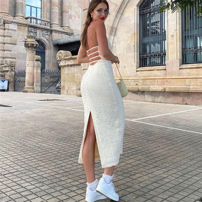 Sweet Textured Split Trim Low Back Sleeveless Halter Midi Dress - White - Image 2