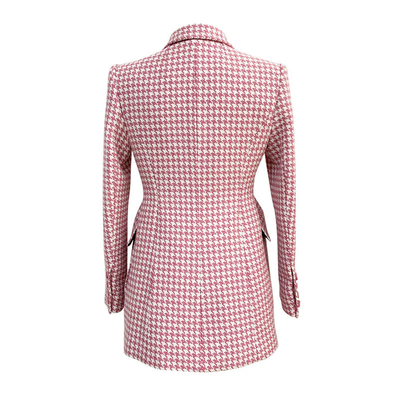 Vintage Houndstooth Print Peak Lapel Double Breasted Tailored Woolen Blazer - Image 2
