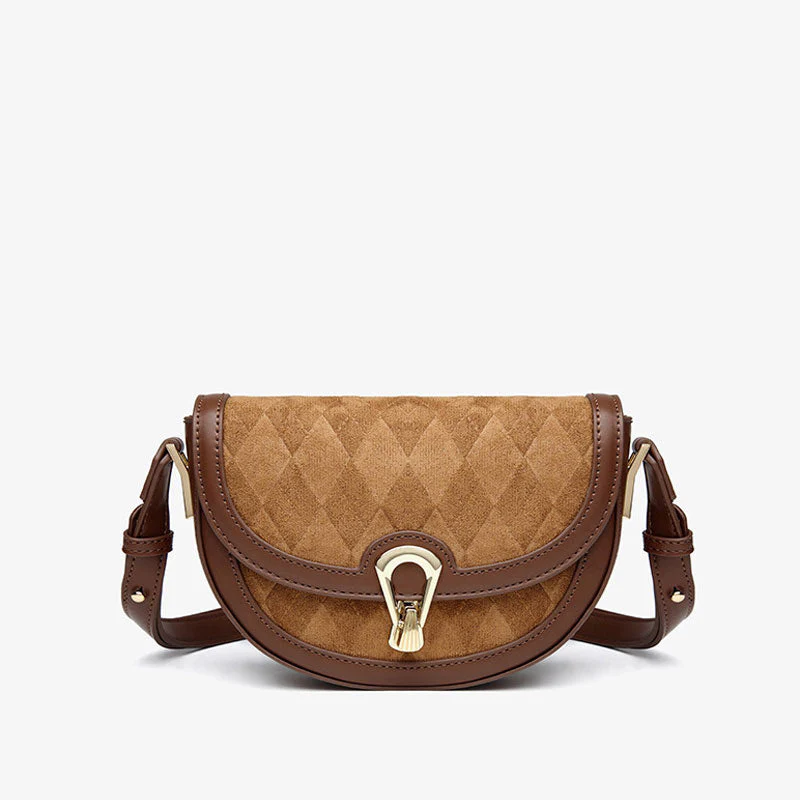Vintage Suede Argyle Pattern Faux Leather Crossbody Saddle Bag - Brown