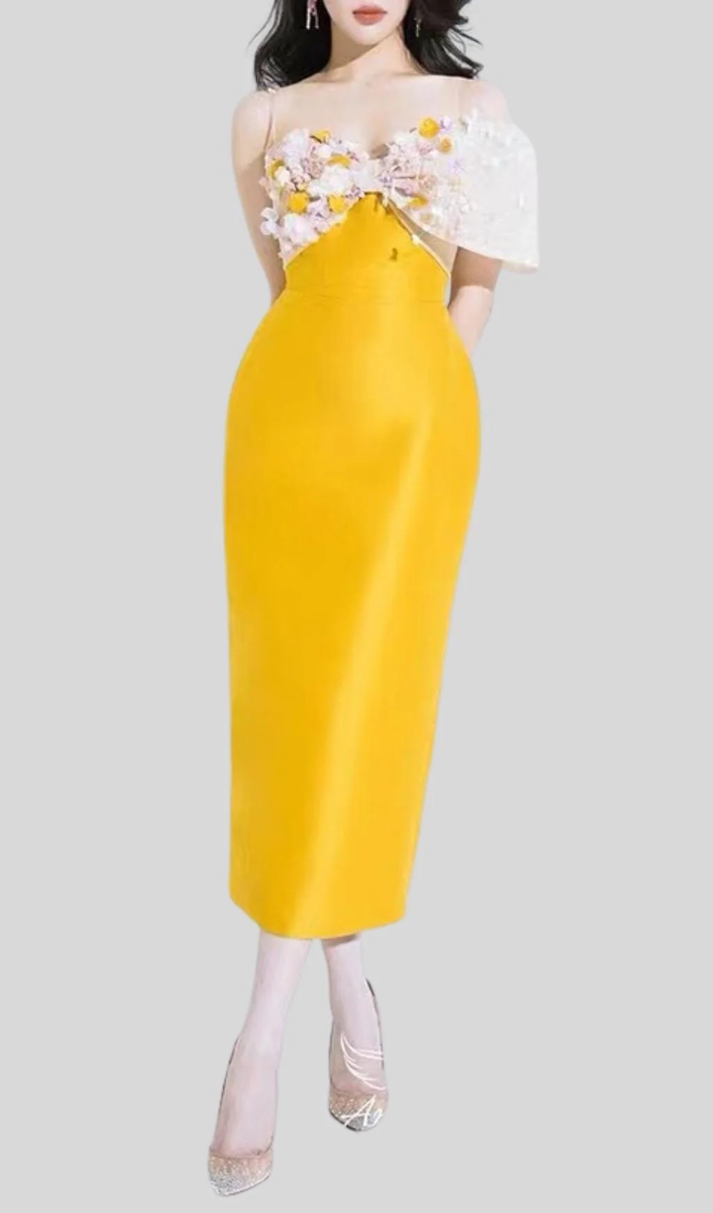Yellow Flower ONE WORD LED Midi Dress