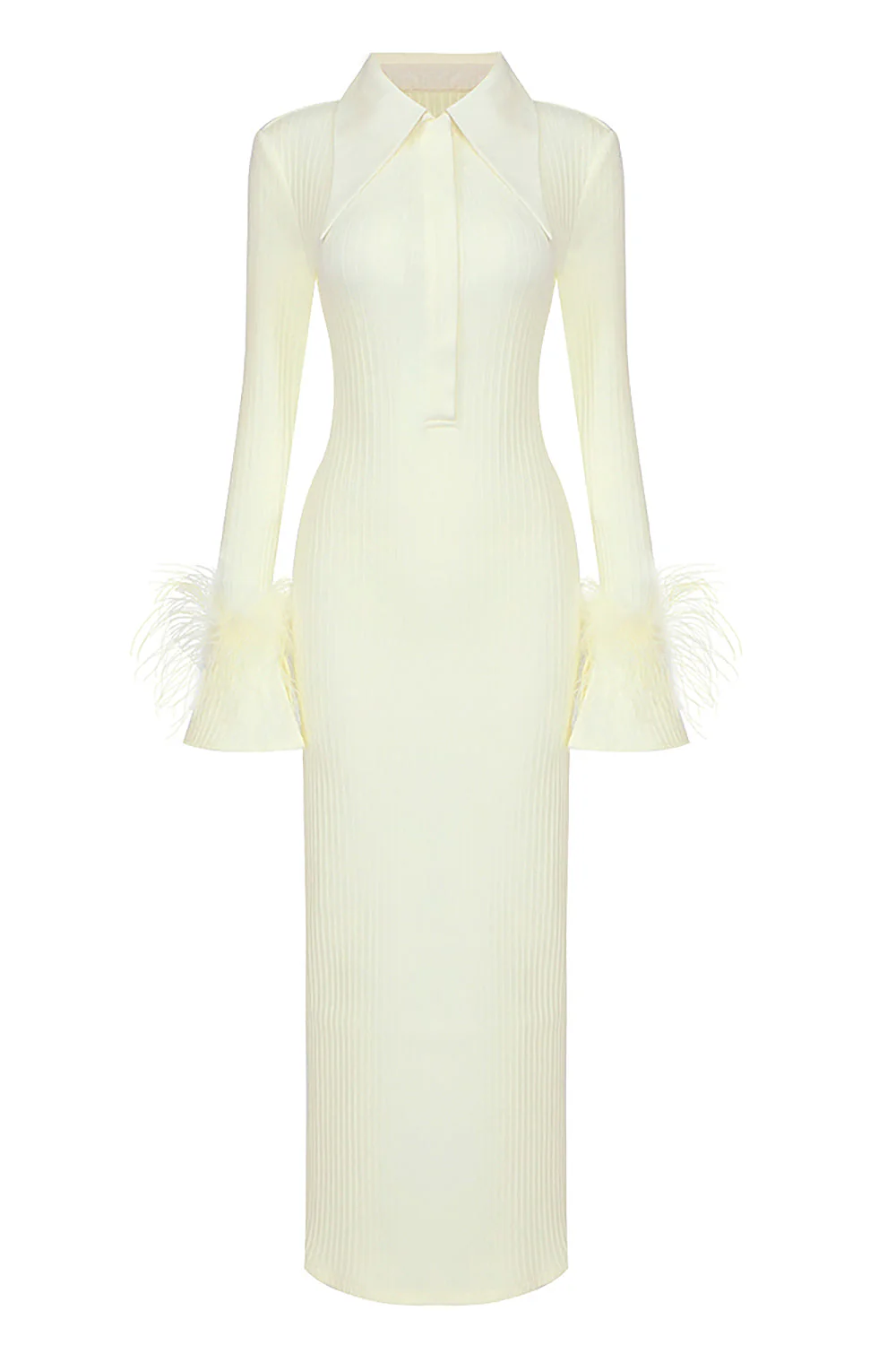 Yellow Long Sleeve STAnd COLLAR Feather Maxi Dress - Image 11