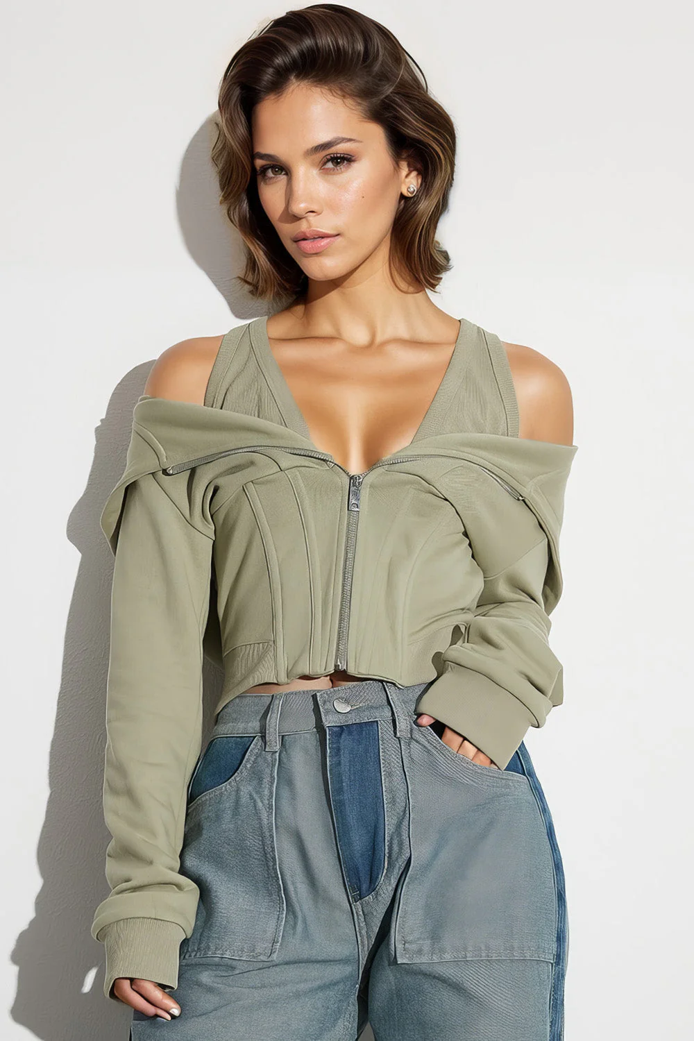 Zip-Up Sweatshirt with Straps - Green